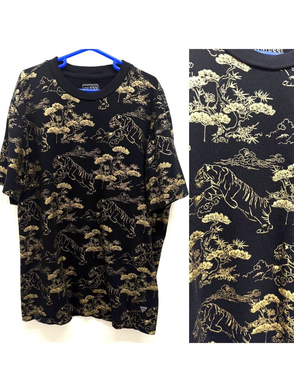 GUESS Black & Gold Tiger Print Tee – Original Design, Made in India Men's Sz S